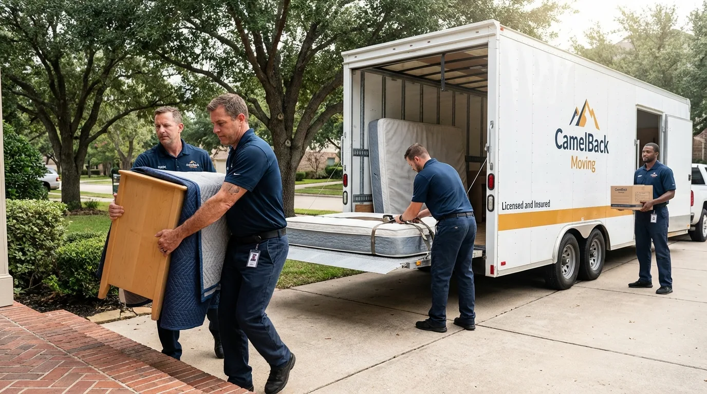 Crew loading residential truck for cross-state move from Arbuckle, CA