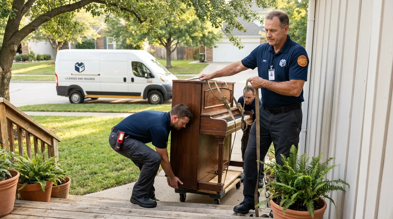 Licensed piano movers securing grand piano in Arbuckle, CA
