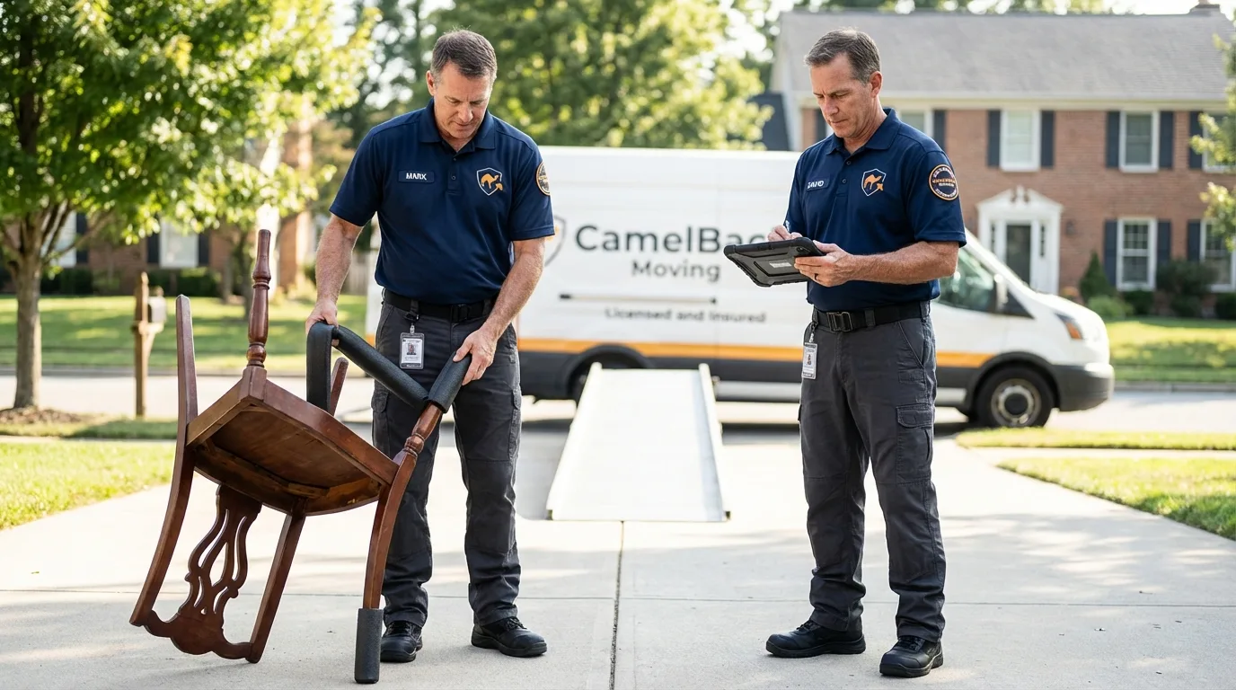 Movers inspecting furniture for damage prevention before loading in Arbuckle, CA