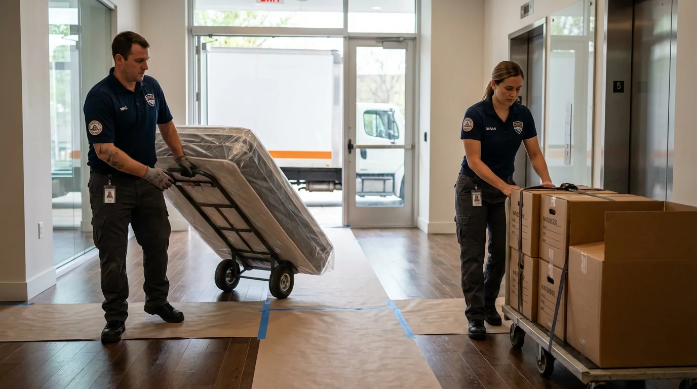 Professional apartment movers loading elevator in Arbuckle, CA